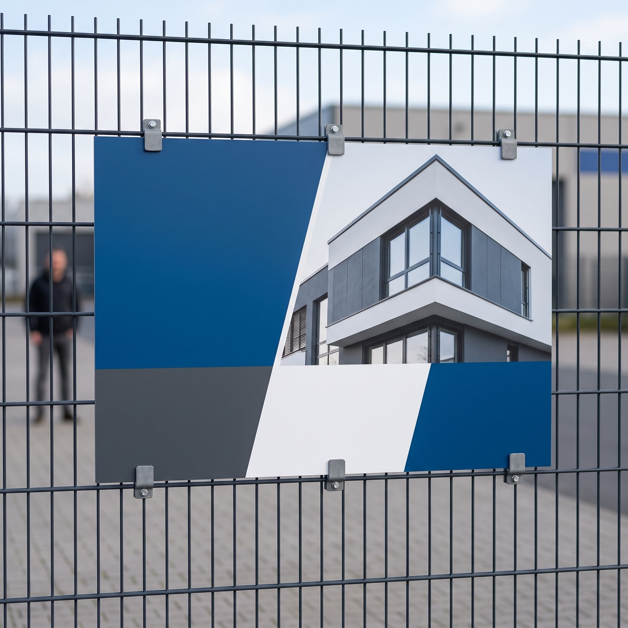 Alu-Verbundschild 120 x 80 cm quer, Schutzlaminat matt, am Zaun eines Gewerbegeländes (KI-generierte Darstellung)