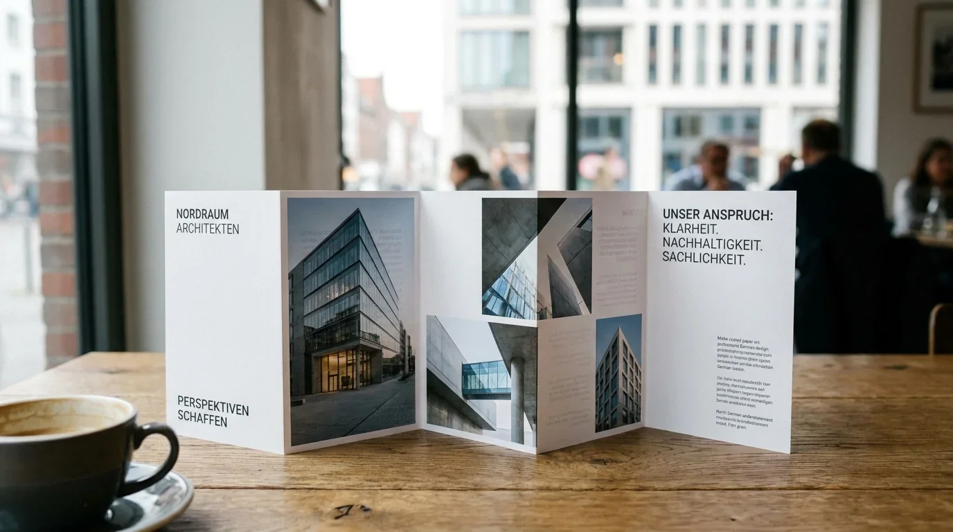 Geöffneter Wickelfalz-Architektur-Flyer in Lübecker Café