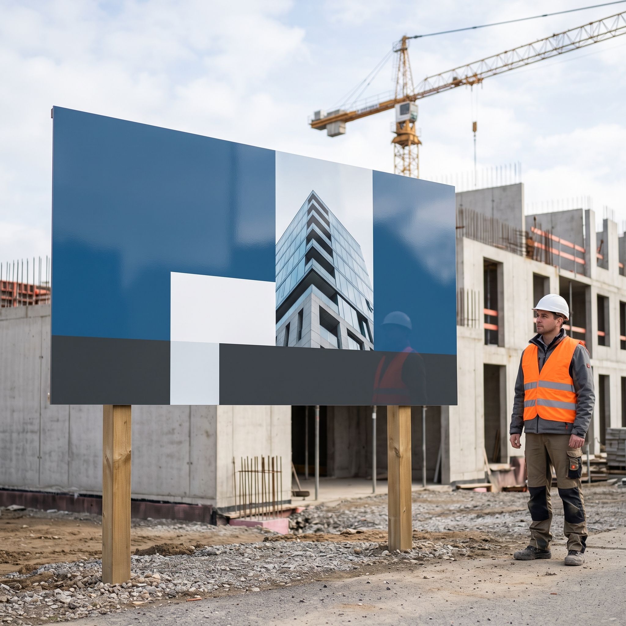 Alu-Verbundschild 250 x 125 cm quer, Schutzlaminat glänzend, als großes Bauschild vor dem Neubau (KI-generierte Darstellung)