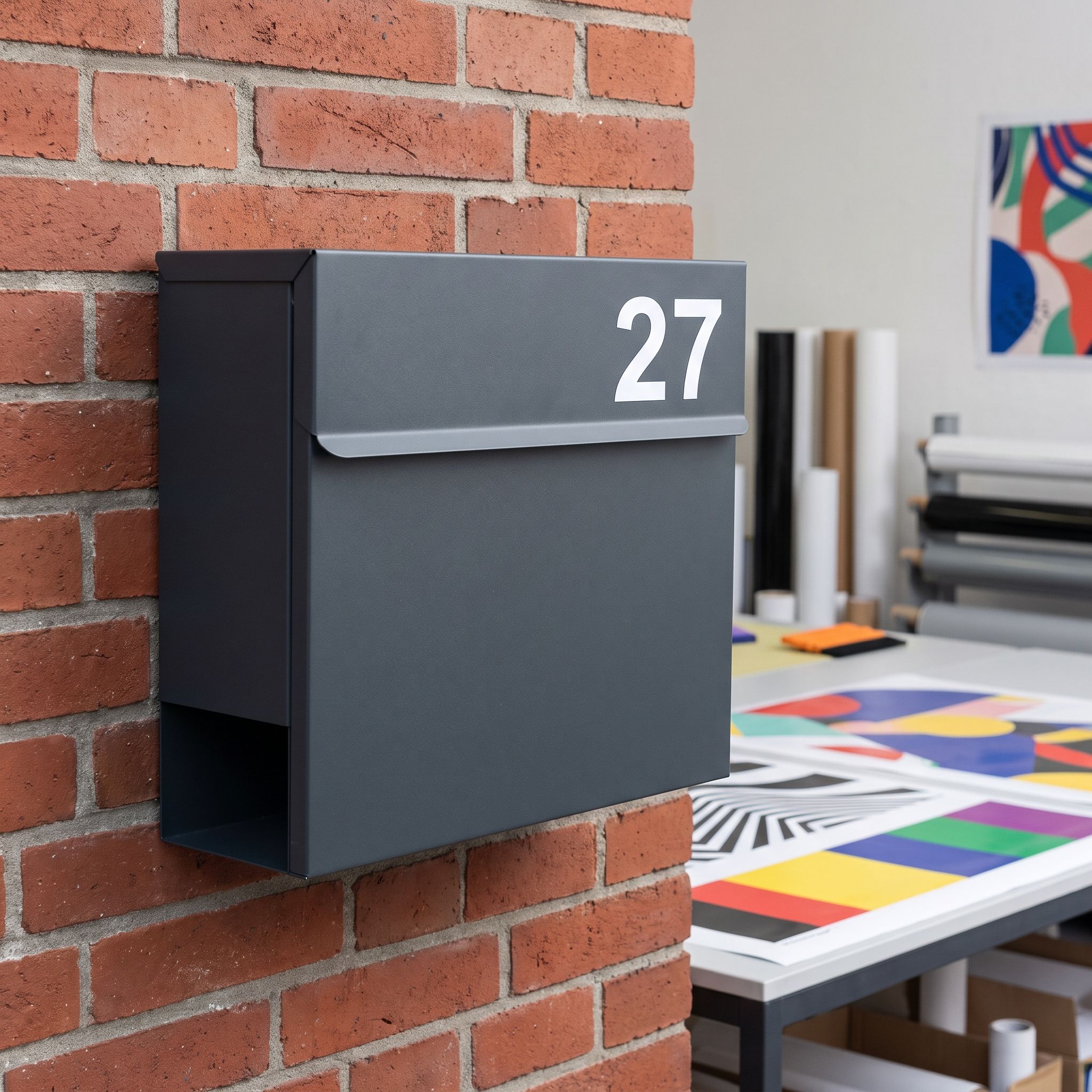 Weiße Klebezahlen als Hausnummer auf einem Briefkasten (KI-generierte Darstellung)