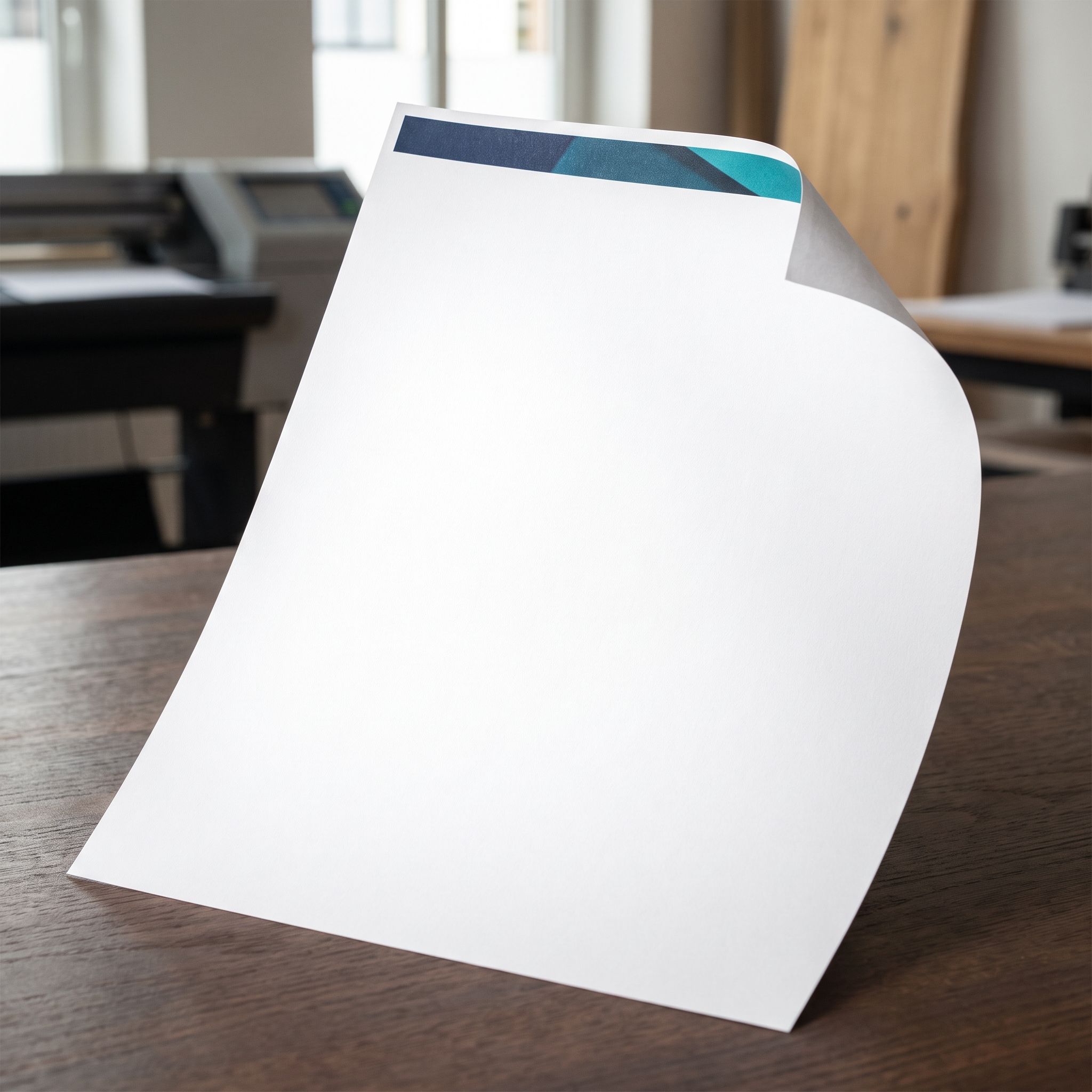 Weißer Briefbogen aus Naturpapier mit farbigem Kopfelement (KI-generierte Darstellung)