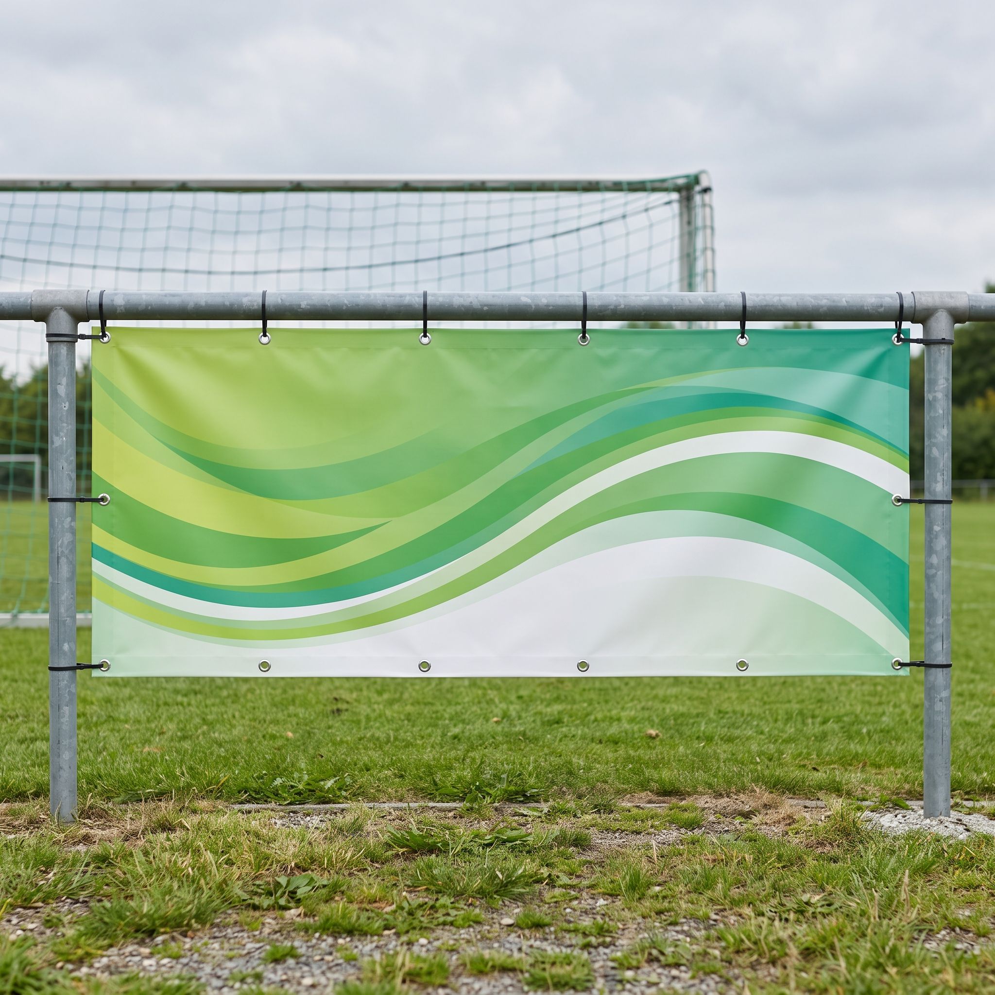 Werbebanner 300 x 100 cm aus PVC-Plane 510 g, umsäumt mit Ösen alle 50 cm, an der Sportplatzbande (KI-generierte Darstellung)