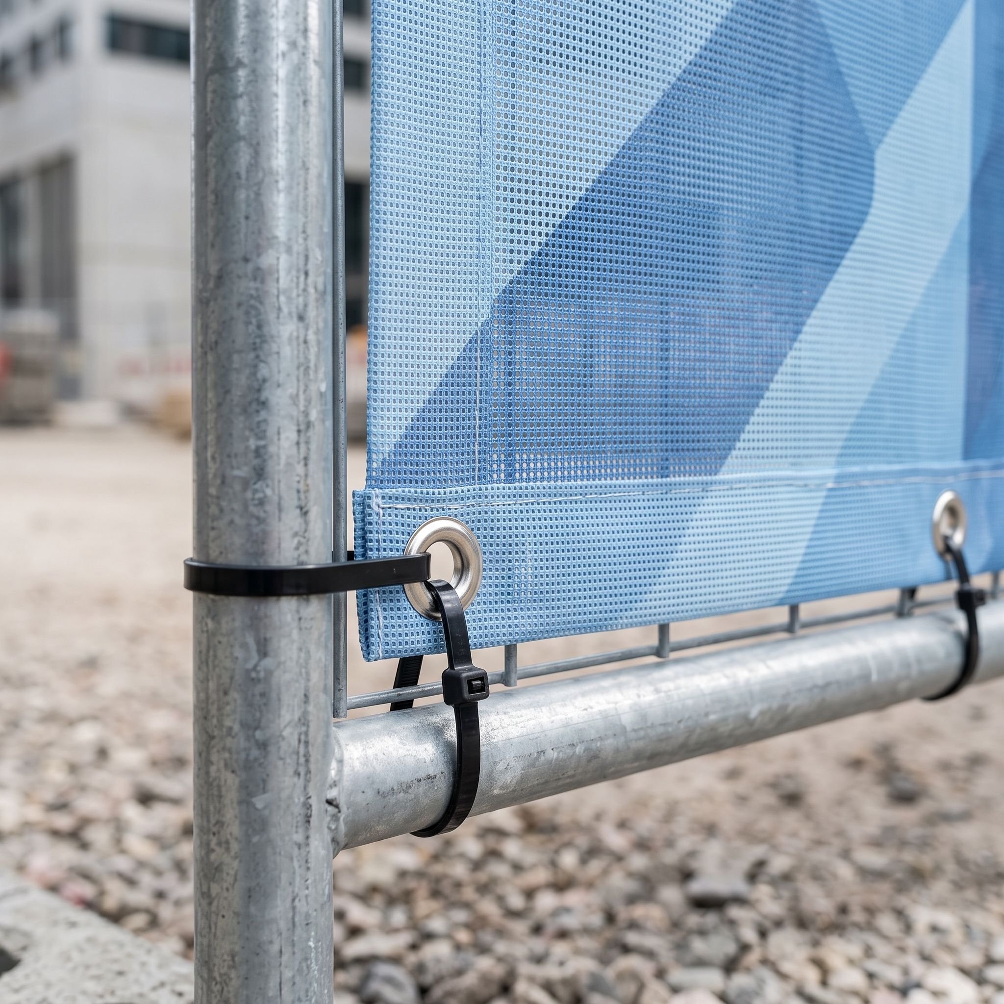 Detail: umsäumter Rand mit Metallöse, Mesh-Gewebe 270 g (KI-generierte Darstellung)