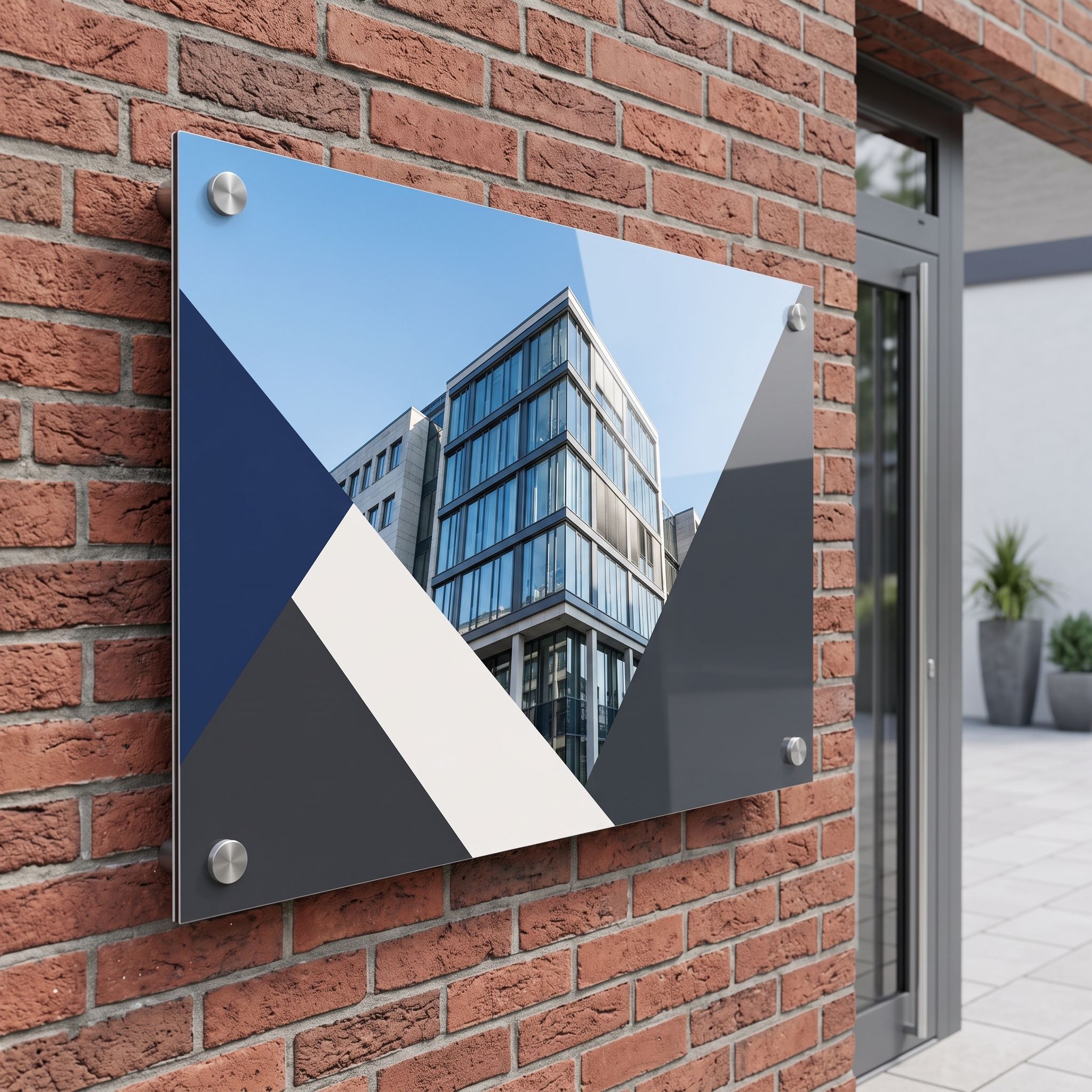 Alu-Verbundschild 60 x 40 cm quer, Schutzlaminat glänzend, als Firmenschild an der Fassade (KI-generierte Darstellung)