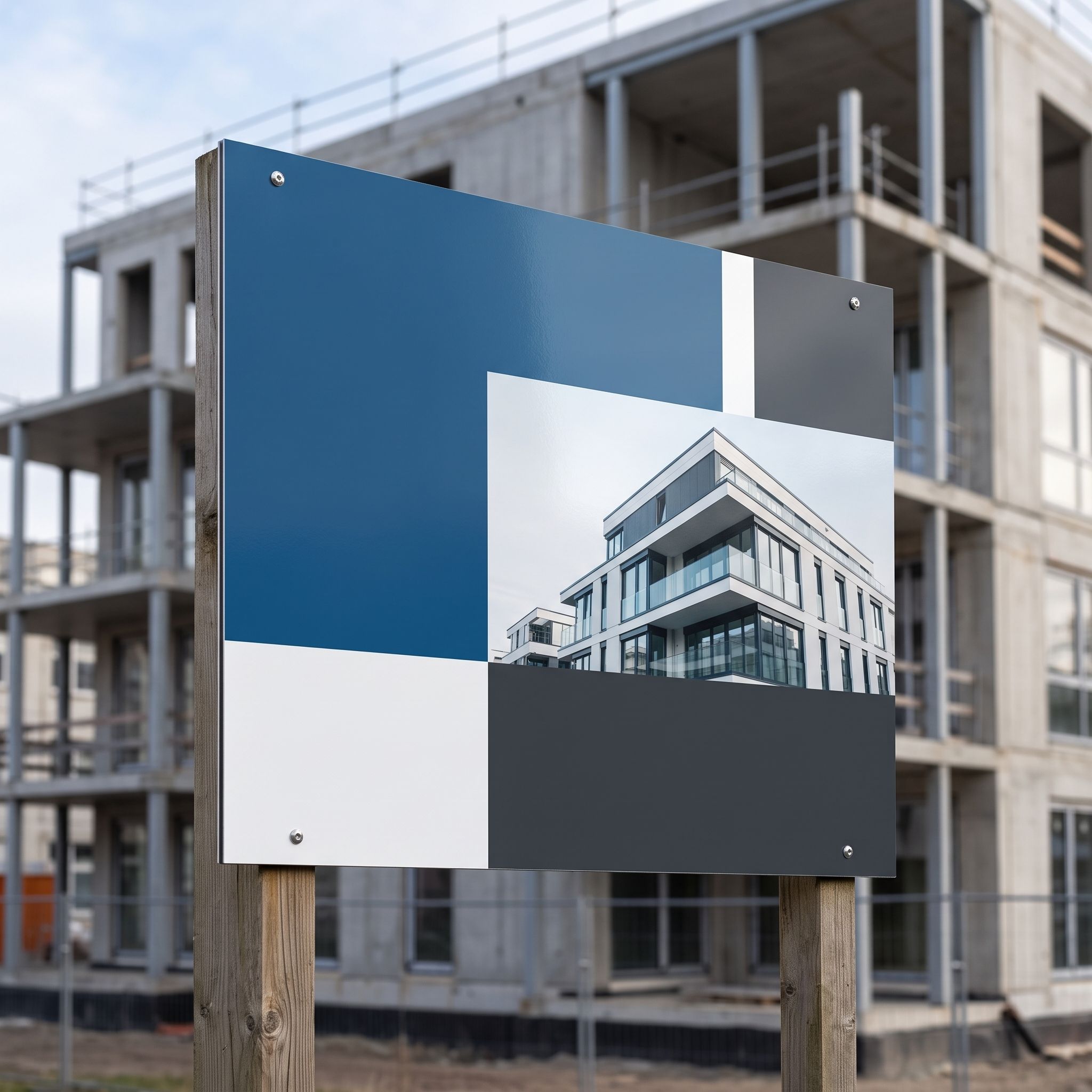 Alu-Verbundschild 120 x 100 cm quer, Schutzlaminat glänzend, als Bauschild auf Pfosten (KI-generierte Darstellung)