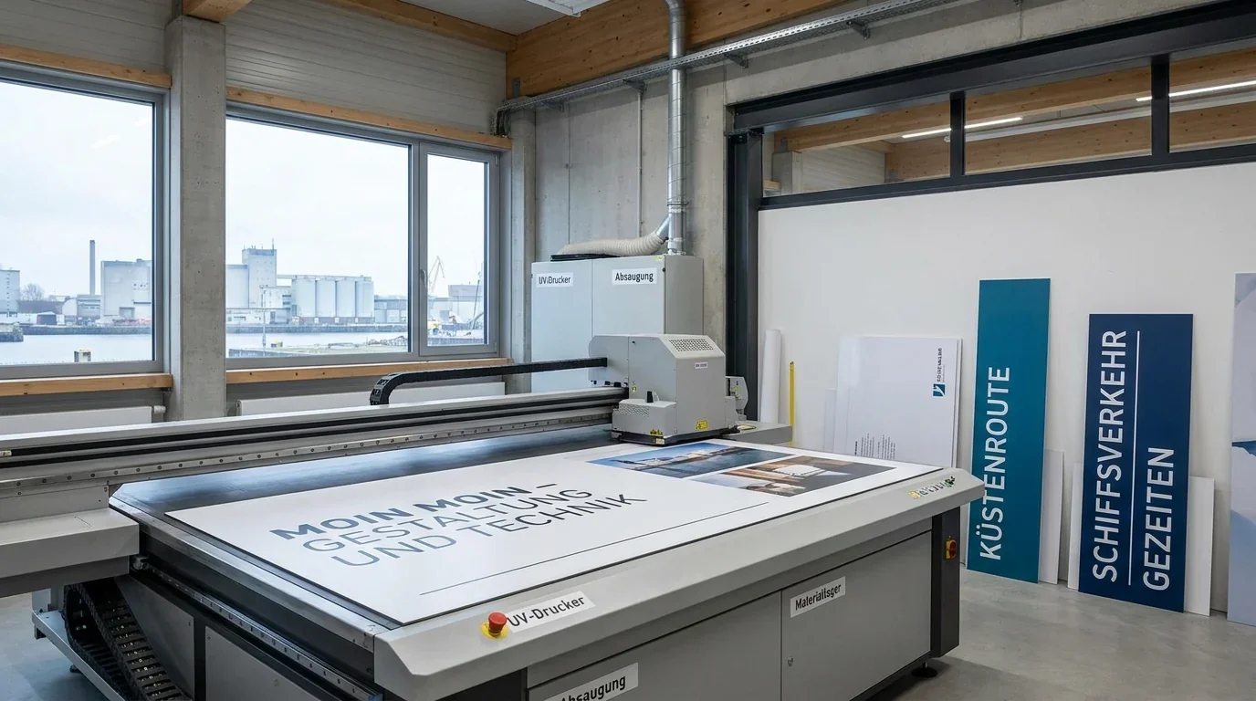 UV-Flachbettdruck auf Aluminium-Verbundplatte – Schilder aus Lübeck