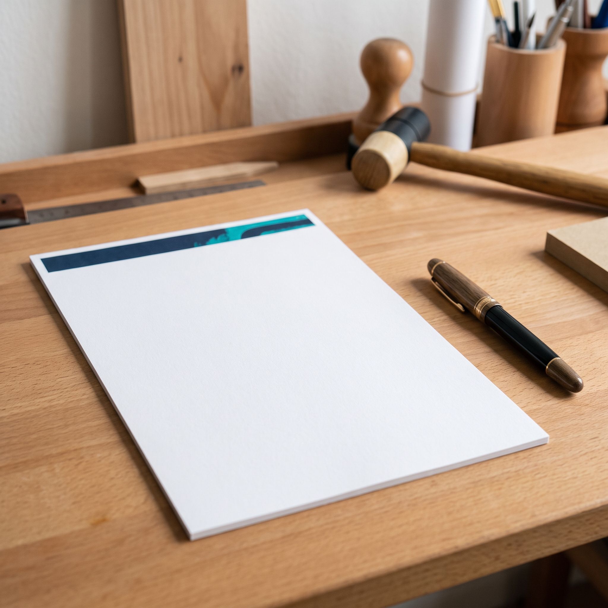 Briefbogen DIN A4 mit farbigem Kopfelement auf dem Schreibtisch (KI-generierte Darstellung)