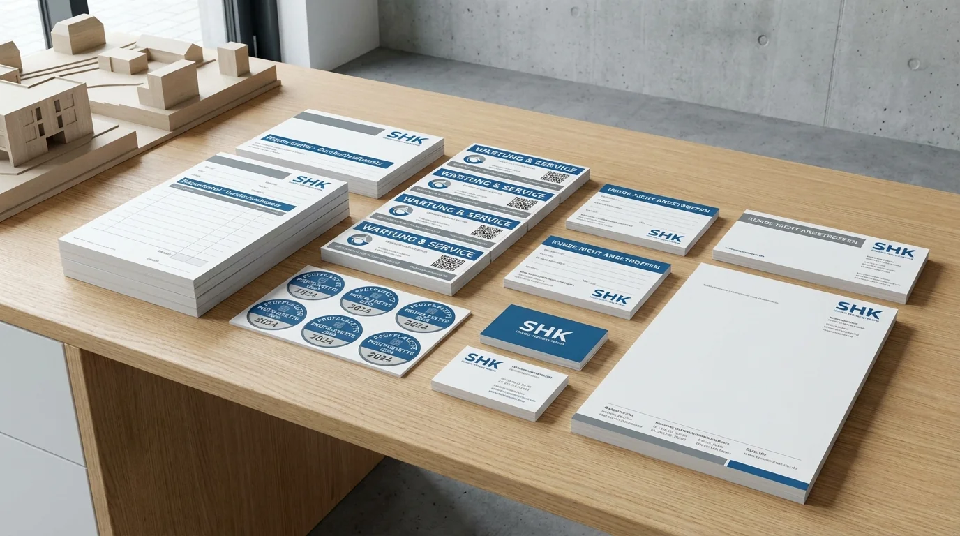 Einheitliche Drucksachen für SHK-Betriebe -- Geschäftsausstattung, Aufkleber und Fahrzeugbeschriftung aus einer Hand
