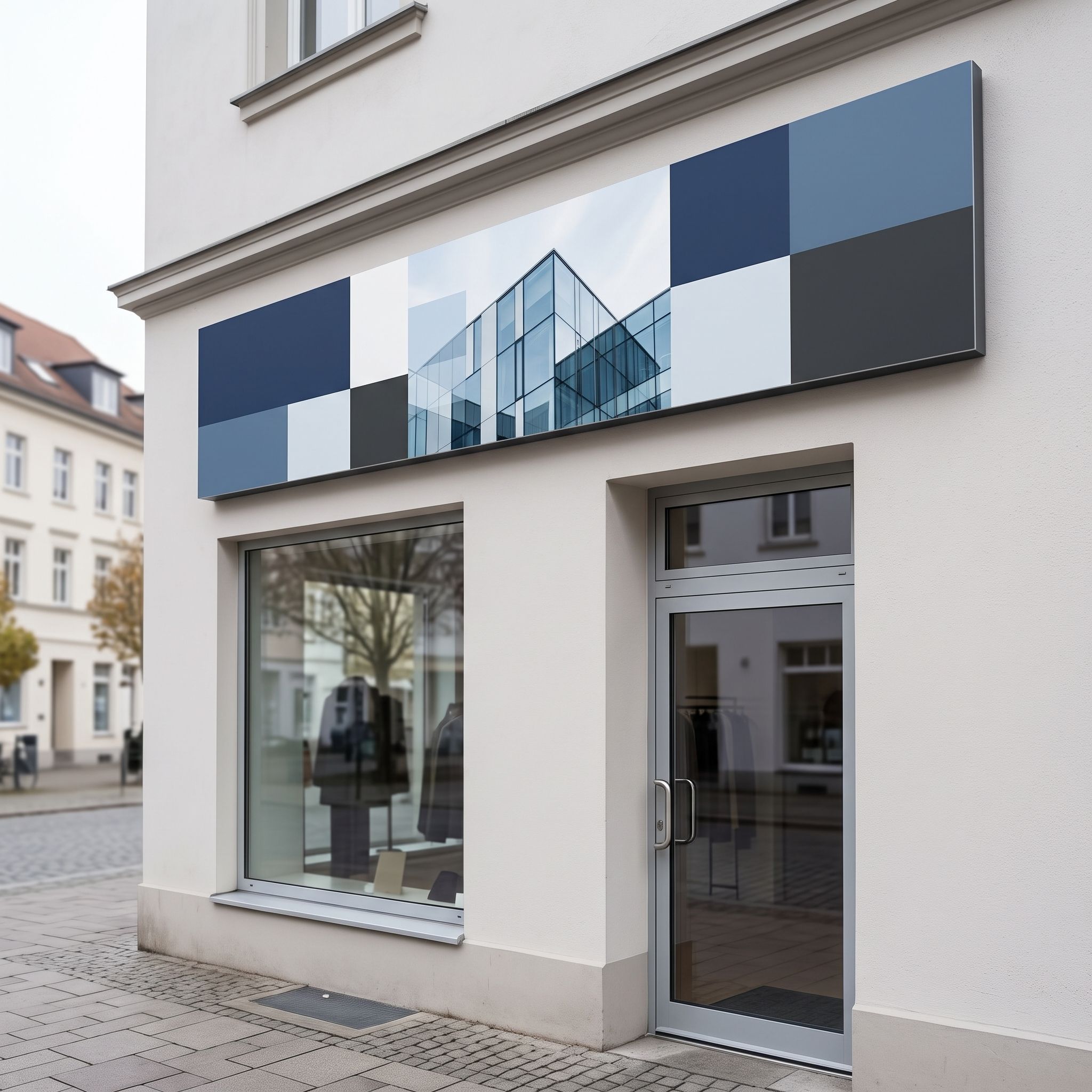 Alu-Verbundschild 200 x 50 cm quer, Schutzlaminat matt, als Fassadenschild über dem Ladeneingang (KI-generierte Darstellung)