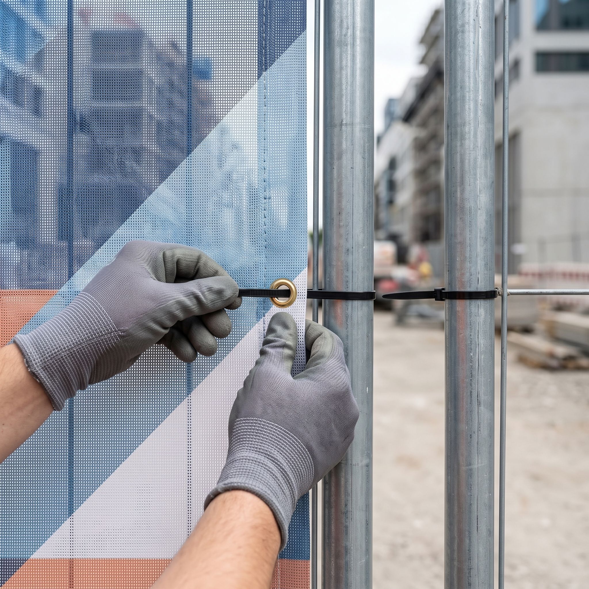Montage: Bauzaunbanner aus Mesh-Gewebe 270 g mit Kabelbinder am Bauzaun (KI-generierte Darstellung)