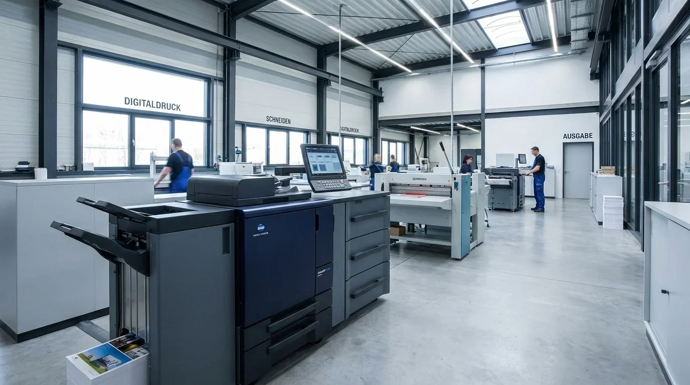 Digitaldruck-Produktionshalle der Druckerei Hinzke – keine Selbstbedienung, echte Produktion