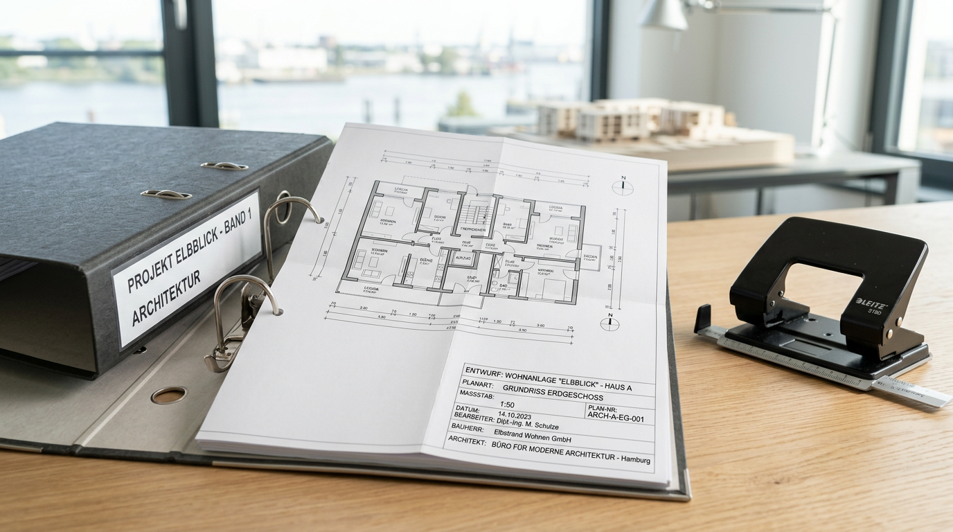 Gelochte Architekturzeichnung im Ordner
