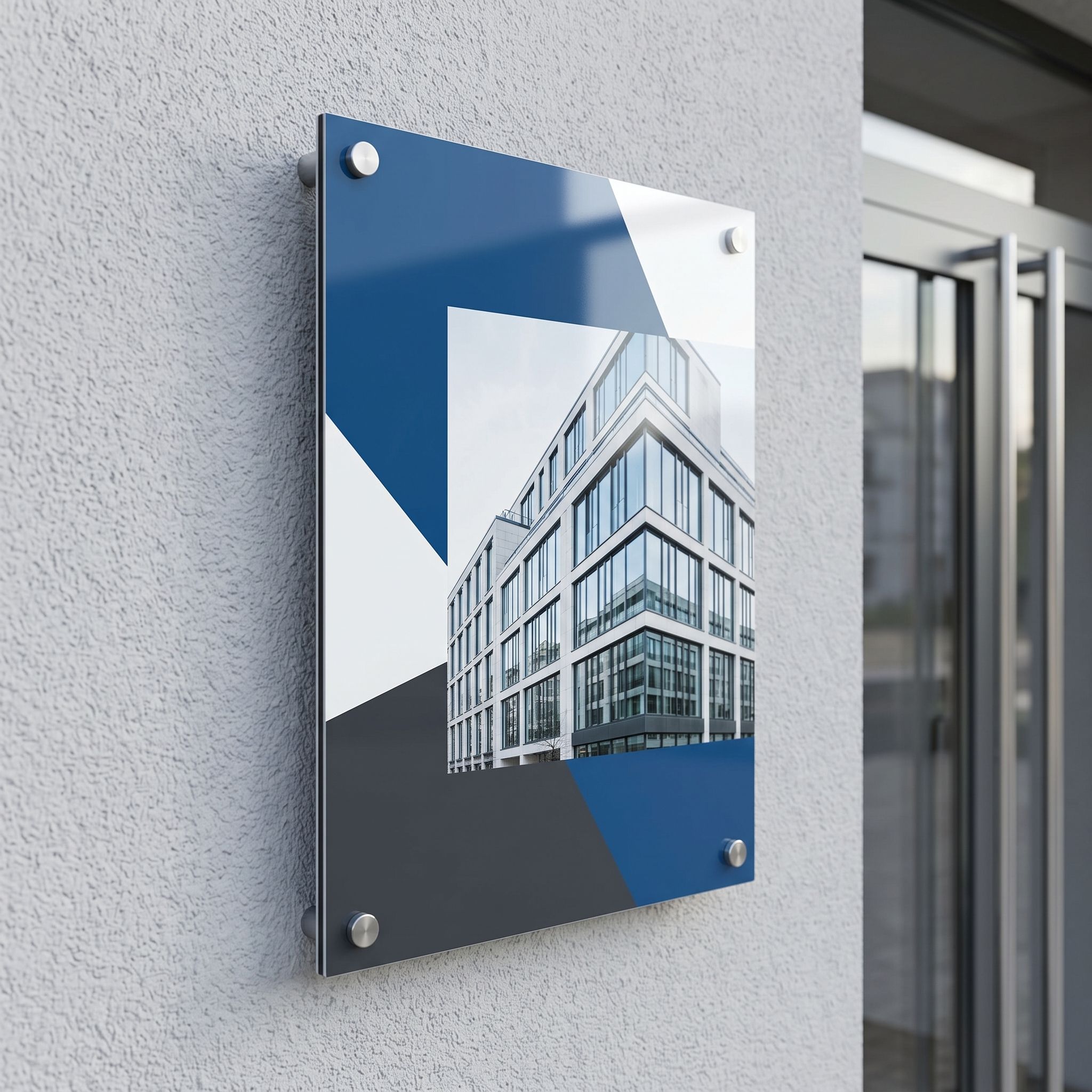 Alu-Verbundschild DIN A4 hochkant, Schutzlaminat glänzend, als Praxisschild neben der Eingangstür (KI-generierte Darstellung)