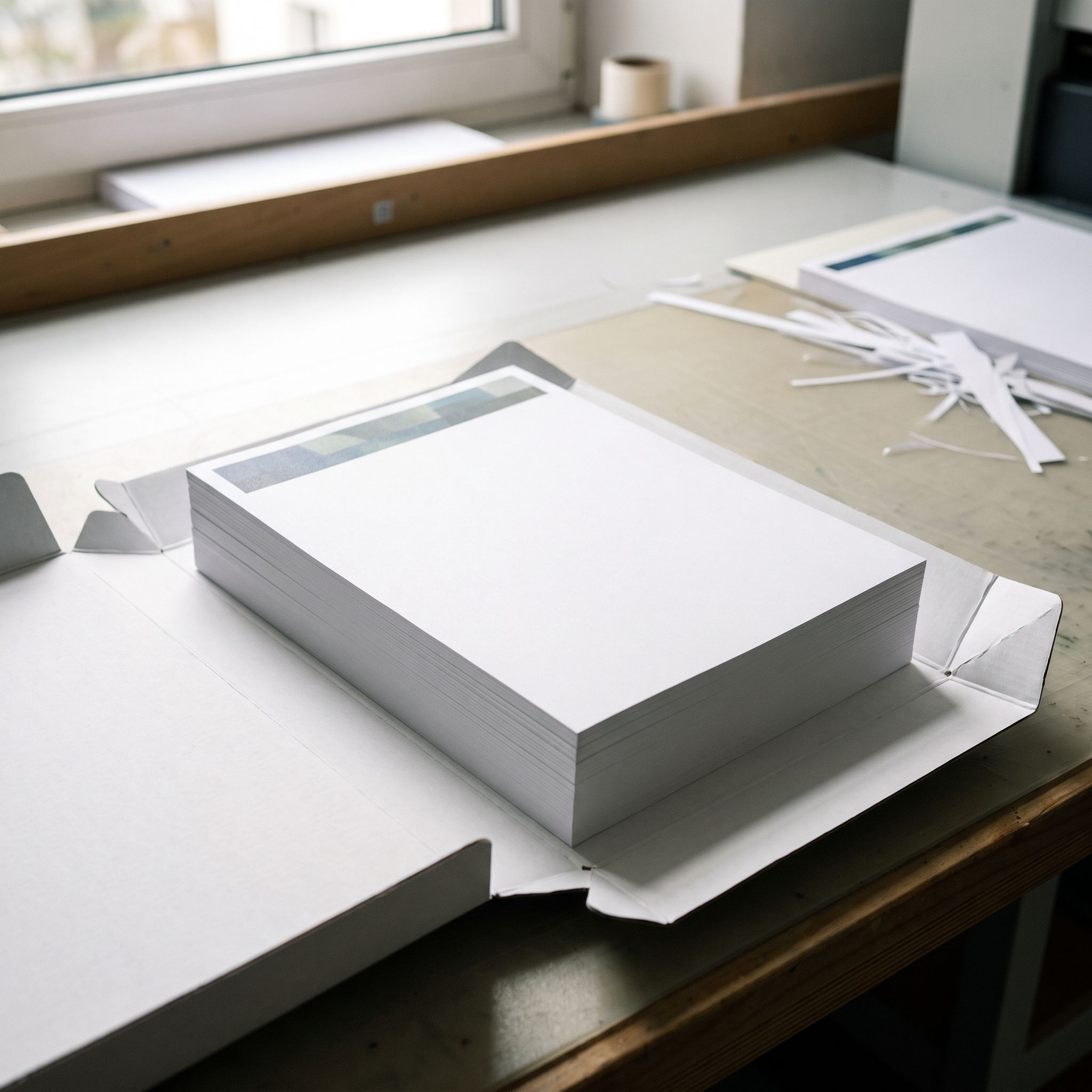 Stapel Briefpapier DIN A4 in der Versandschachtel (KI-generierte Darstellung)